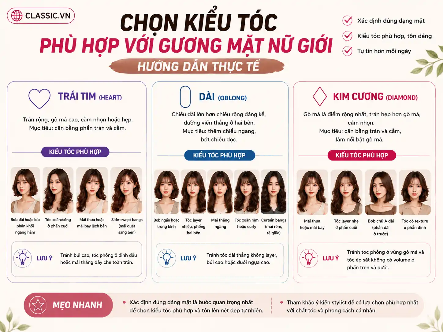Chọn kiểu tóc phù hợp với gương mặt dài, trái tim