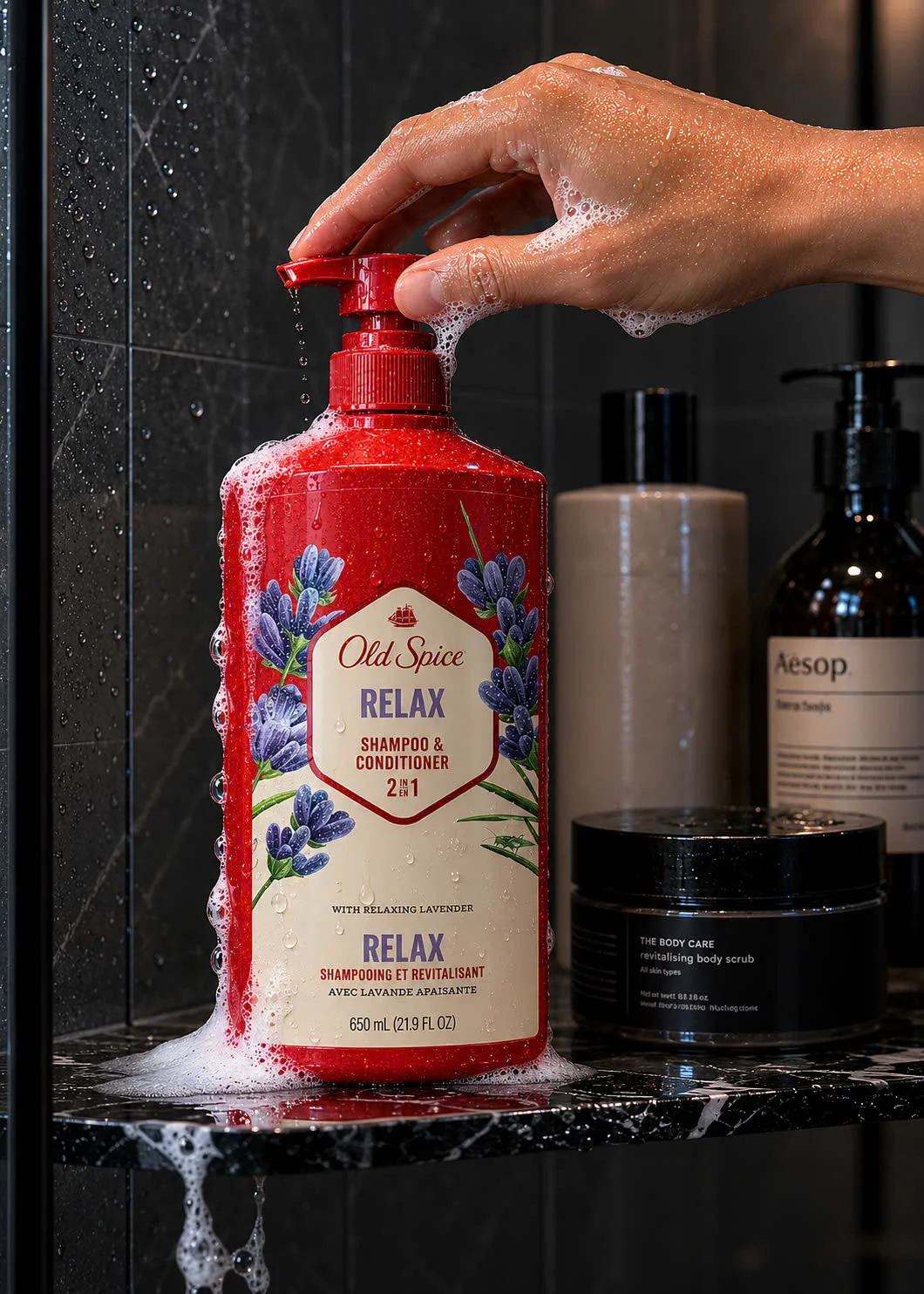 Dầu gội và xả 2in1 Old Spice Relax 650ml - Hình ảnh chi tiết bao bì