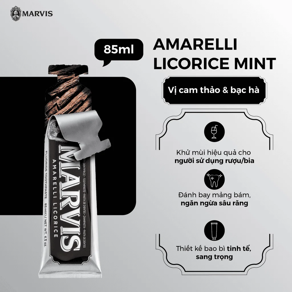Marvis Amarelli Licorice với hương cam thảo ngọt nhẹ, không bạc hà